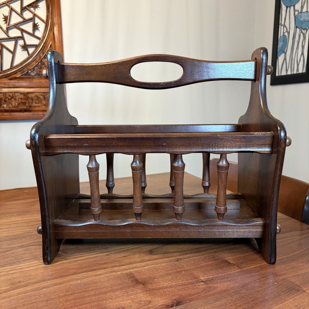 Vintage Wooden Spindle Magazine Rack Dark Wood Freestanding Organizer